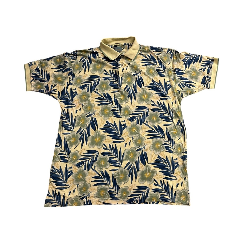 Kailua Bay Tropical Floral Polo Mens Large Yellow Blue Cotton Hibiscus Shirt